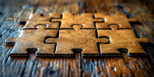 Top view fo 6 puzzle pieces that fit perfectly on a wooden surface.