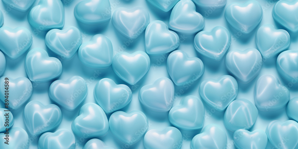A cute and dreamy, aesthetic background of close-up of heart shaped light blue chocolates covered sugar coating, each piece showcasing its smooth texture and glossy finish A cute and dreamy, aesthetic background of close-up of heart shaped light blue chocolates covered sugar coating, each piece showcasing its smooth texture and glossy finish