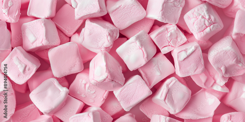 A cute and dreamy, aesthetic background of close-up of cube shaped pastel pink marshmallows, each piece showcasing its fluffy texture and light sugar coating A cute and dreamy, aesthetic background of close-up of cube shaped pastel pink marshmallows, each piece showcasing its fluffy texture and light sugar coating