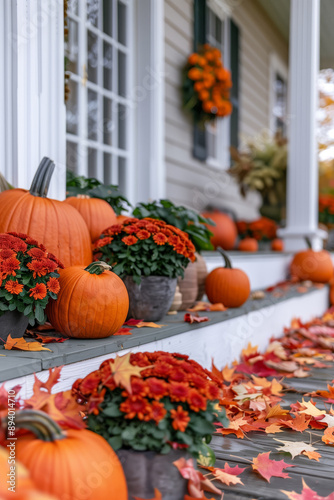 Autumn decoration of wooden house porch with decorative pumpkins and bouquets of flowers