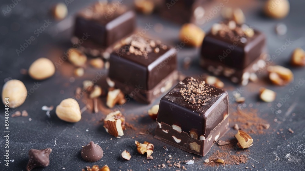 Dark chocolate and nut praline confectionery Dark chocolate and nut praline confectionery