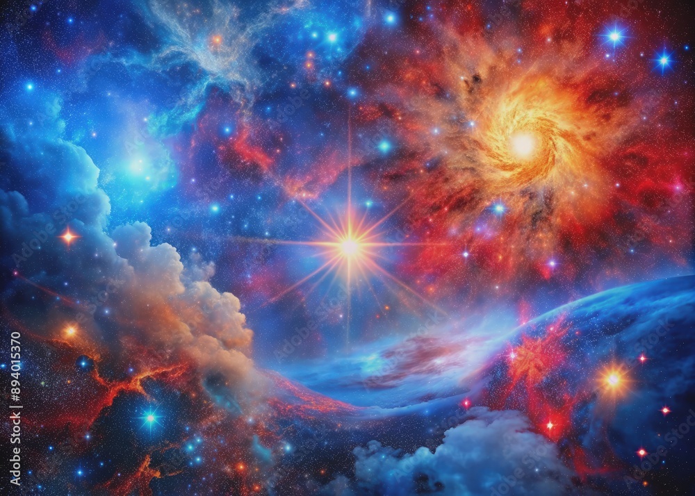 Fototapeta premium Vibrant explosion of blues and reds radiates across the vast cosmic expanse, illuminating the infinite beauty and mystery of the universe in a celestial masterpiece.
