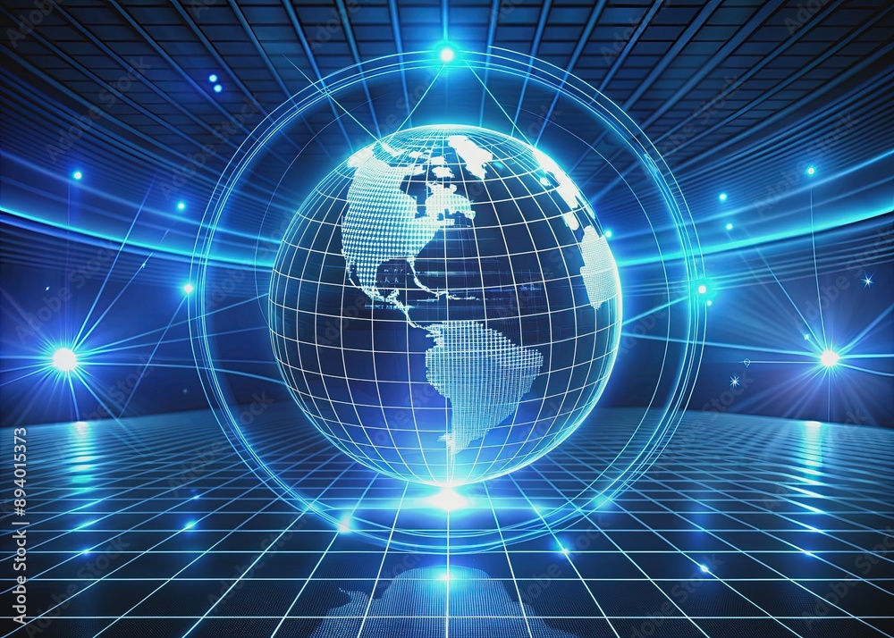Obraz premium Modern futuristic 3D background with sleek blue grid, glowing neon lines, and rotating globe, representing innovative business technology and global connectivity.