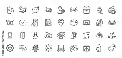 Employees teamwork, Secret gift and Discounts app line icons pack. AI, Question and Answer, Map pin icons. Quick tips, Inspect, Spanner web icon. Vector