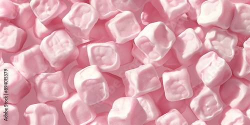 A cute and dreamy, aesthetic background of close-up of rounded cube shaped soft pastel pink marshmallows, each piece showcasing its fluffy texture and light sugar coating