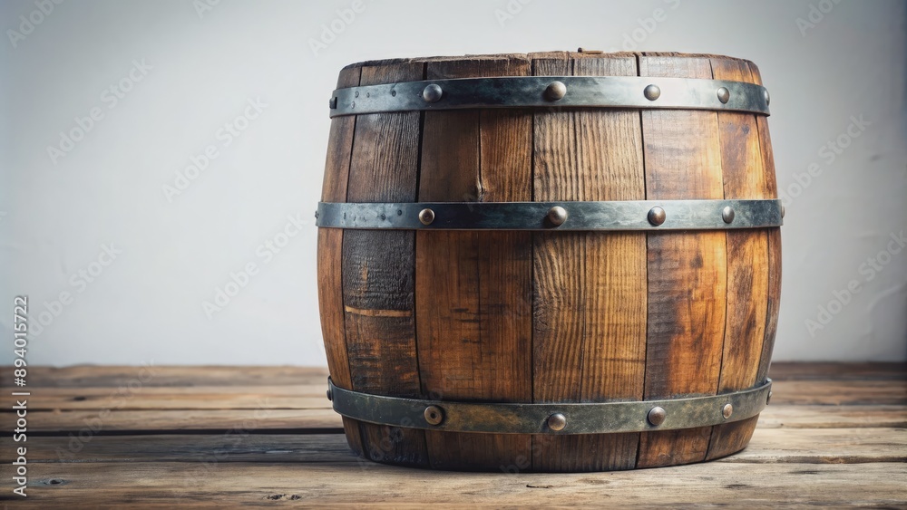 Fototapeta premium A rustic, worn wooden barrel sits alone on a pristine white background, its metal bands and staves weathered to perfection, evoking a sense of aged charm.