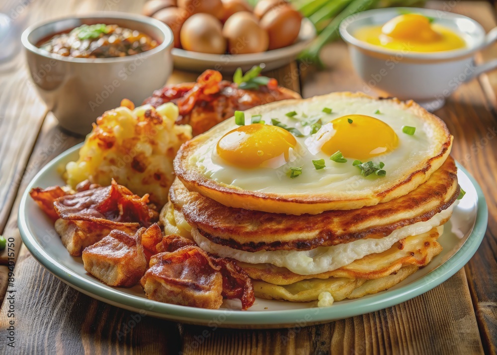 A mouthwatering full American breakfast plate loaded with crispy bacon, golden hash browns, sunny-side-up eggs, and fluffy buttermilk pancakes, arranged artfully. A mouthwatering full American breakfast plate loaded with crispy bacon, golden hash browns, sunny-side-up eggs, and fluffy buttermilk pancakes, arranged artfully.