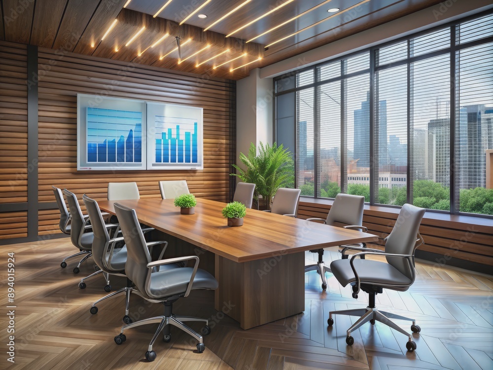 A sleek, modern conference room with a large screen displaying data analytics, charts, and graphs, surrounded by empty chairs and a polished wooden table. A sleek, modern conference room with a large screen displaying data analytics, charts, and graphs, surrounded by empty chairs and a polished wooden table.
