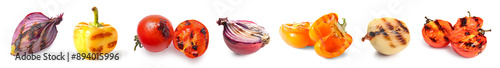 Foto Set of tasty grilled vegetables on white background