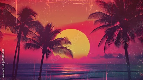 Retro sunset with palm trees on a beach.