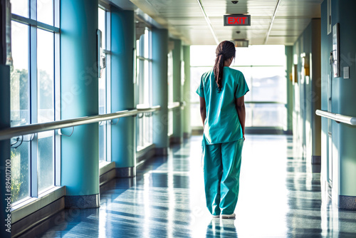 A depressed female healthcare worker, nurse in a teal uniform, walks down a hospital corridor to the exit. Concept of a stressed, work burnout medical professional, problem with mental health