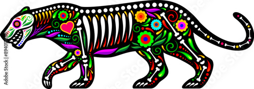 Mexican animal tattoo of jaguar with skull and skeleton bones in vector floral ornament. Mexican culture and ethnic art tattoo of jaguar, cougar and panther wild animal skeleton with heart and flowers