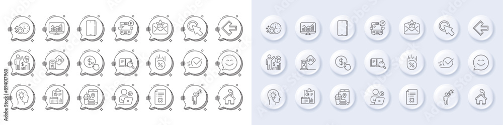 Video conference, Buy currency and Phone line icons. White pin 3d buttons, chat bubbles icons. Pack of Click here, Dishwasher timer, Reject file icon. Idea head, Statistics, Report pictogram. Vector Video conference, Buy currency and Phone line icons. White pin 3d buttons, chat bubbles icons. Pack of Click here, Dishwasher timer, Reject file icon. Idea head, Statistics, Report pictogram. Vector