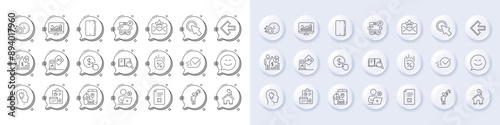 Video conference, Buy currency and Phone line icons. White pin 3d buttons, chat bubbles icons. Pack of Click here, Dishwasher timer, Reject file icon. Idea head, Statistics, Report pictogram. Vector