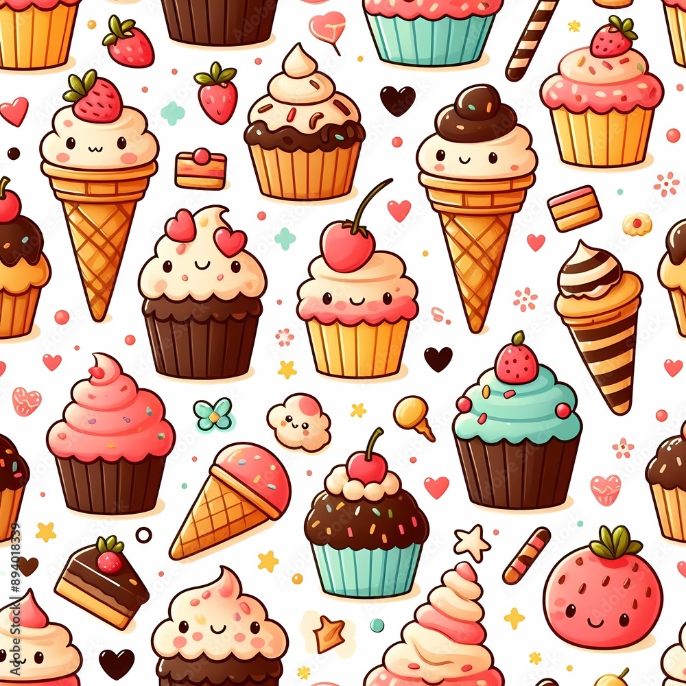 Delightful Seamless Pattern of Mini Cupcakes & Ice Cream Cones Delightful Seamless Pattern of Mini Cupcakes & Ice Cream Cones