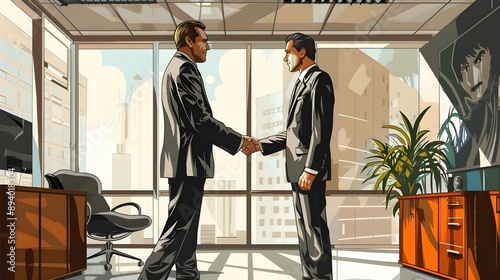 businessmen handshake agreement concept mix race business men partnership communication modern office interior male cartoon character flat portrait horizontal
