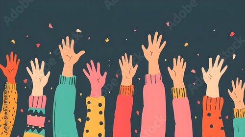Concept of volunteering or education. Raised hands. Flat design, vector illustration.
