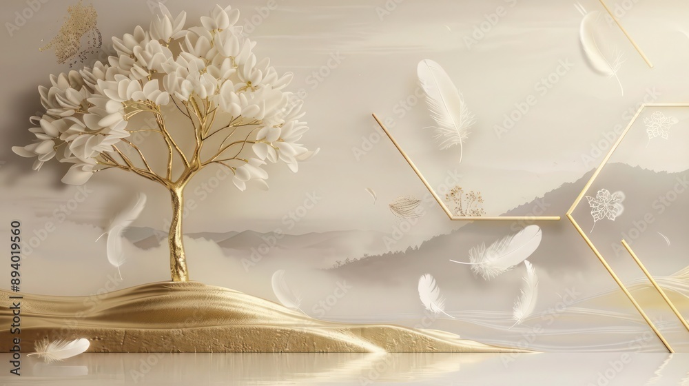 Art deco hexagon background in gold on ivory, featuring a 3D tree mural with ivory leaves, a calming landscape, and delicate ivory feathers drifting softly Art deco hexagon background in gold on ivory, featuring a 3D tree mural with ivory leaves, a calming landscape, and delicate ivory feathers drifting softly