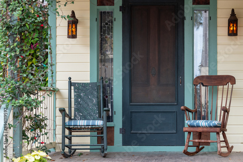 Two antique wooden rocking chairs on the front porch of a country style house. The door is wooden with green trim and the exterior wall is yellow. The patio furniture has cushions on the seats. photo