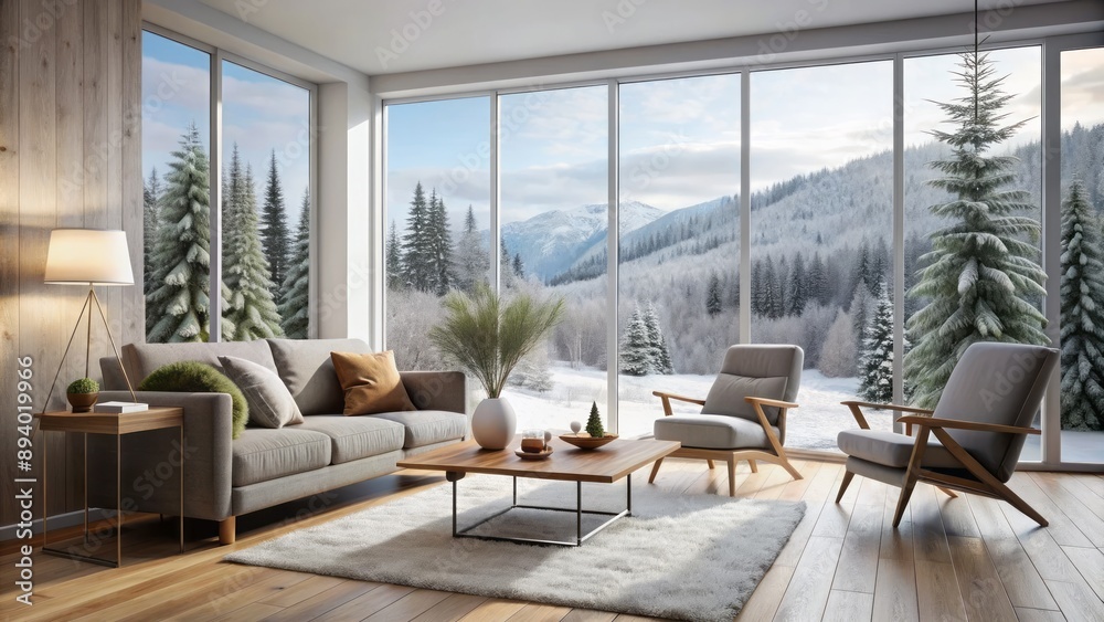 Obraz premium Serenely lit Scandinavian living room with sleek wooden floors, minimalist sofa, armchair, and Nordic-inspired decor against a vast winter landscape.