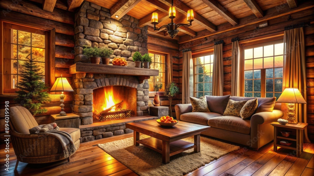 Cozy ambiance of rustic living room with blazing flames, warm golden light, and soothing crackling sound of burning wood fire. Cozy ambiance of rustic living room with blazing flames, warm golden light, and soothing crackling sound of burning wood fire.
