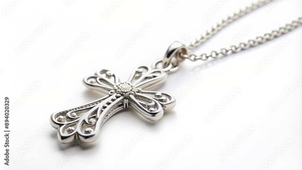 A delicate silver chain bears a small, ornate cross pendant resting on a pristine white background, radiating serenity and elegance. A delicate silver chain bears a small, ornate cross pendant resting on a pristine white background, radiating serenity and elegance.