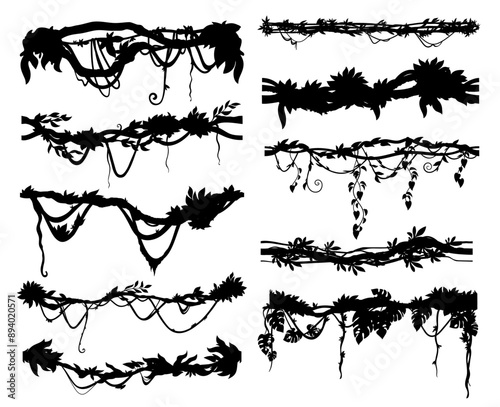Jungle tropical liana branch and vine silhouette of ivy creeper plants, vector icons. Tropical rainforest liana and Amazon jungle hanging tree with climbing leaves and rope roots for ornate frame