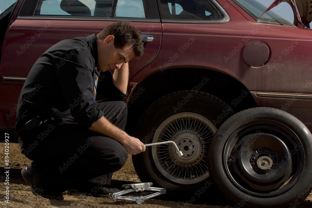 Business Man Changing A Tire Business Man Changing A Tire