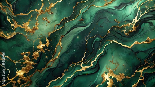 Luxurious dark green swirled abstract marble background with golden painted splashes and fluid ink texture evoking opulence and sophistication.