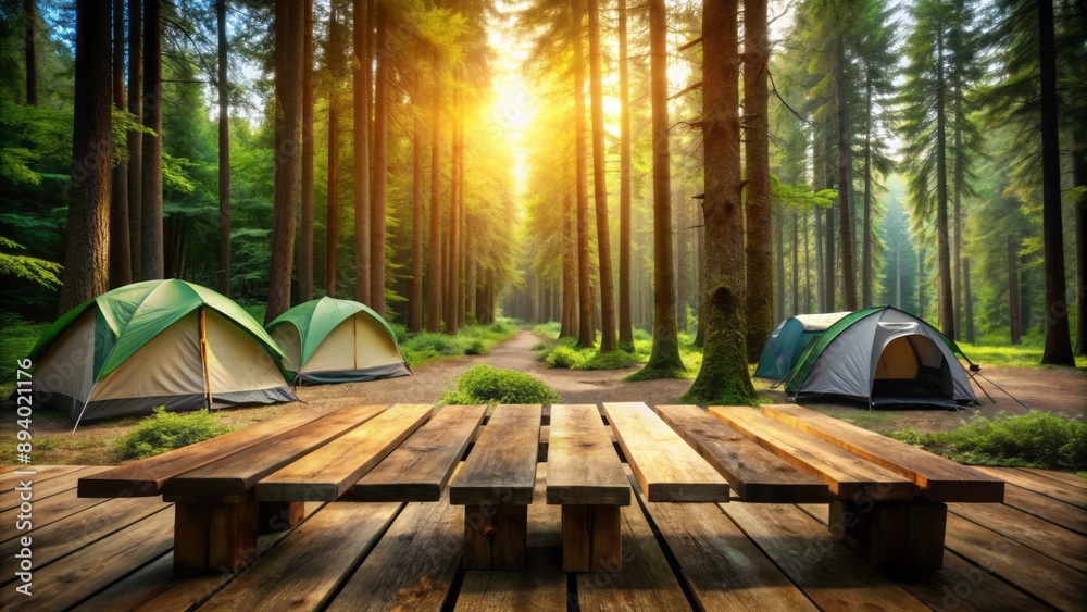 Obraz premium Rustic wooden table top showcasing camping tents, surrounded by lush greenery and towering trees in a serene forest backdrop.