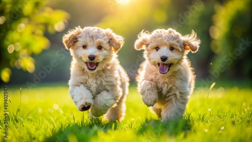Adorable fluffy puppies with curly coats and wagging tails chase each other across a lush green meadow on a sunny day. © Curie
