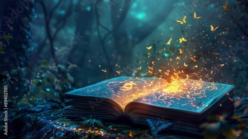 3D style Illustration of magical book with fantasy stories inside it. Fantasy and literature concept. Happy World book day. The concept for World Book Day background. Copy space
