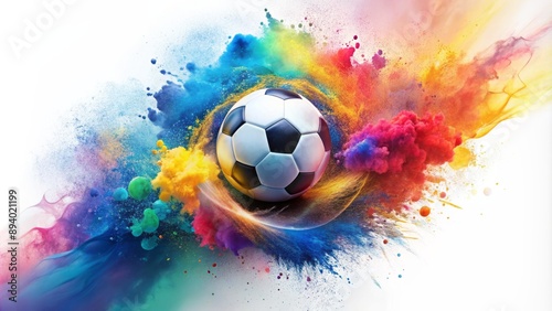 Vibrant watercolor splash surrounds a digital soccer ball in mid-air, capturing the dynamic essence of the game in an abstract design.