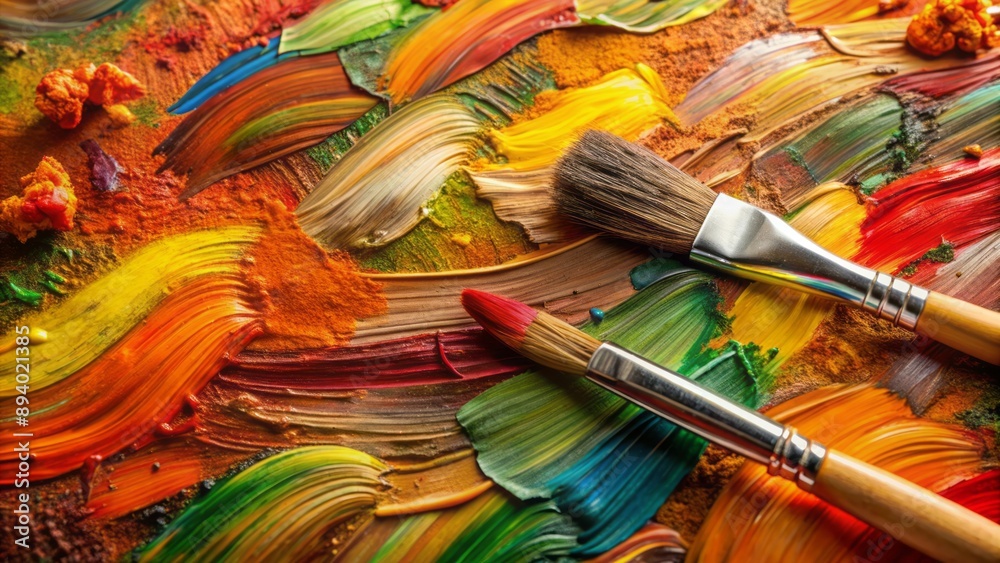 Fototapeta premium Vibrant earthy tones abstract background featuring organic texture with perceptible paint brush strokes and dynamic hand-painted acrylic art design.