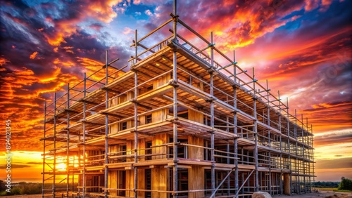 Wallpaper Mural Warmly lit wooden scaffolding of a new building under construction stands tall against a vibrant orange and pink sunset sky. Torontodigital.ca
