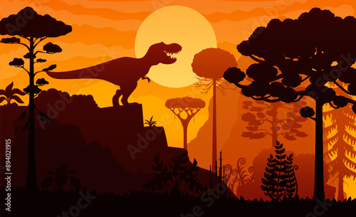 T Rex dinosaur on sunset forest landscape in Jurassic jungle park silhouette, vector background. Prehistoric landscape with tyrannosaurus or T-rex dinosaur lizard on mountain roaring in jungles forest