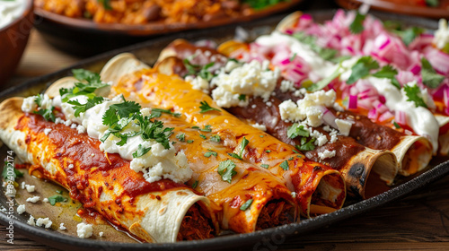 A realistic scene of a family gathering with a variety of enchiladas being served. The enchiladas include mole enchiladas, enchiladas poblanas, and shrimp enchiladas with a creamy,  generativa IA photo