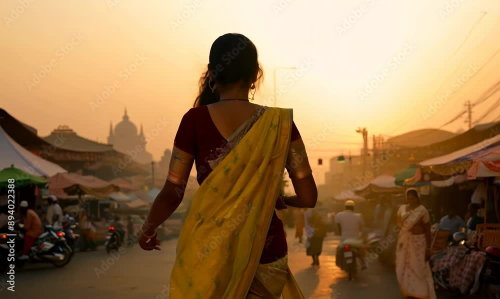 Beautiful indian woman in saree on the street at sunset