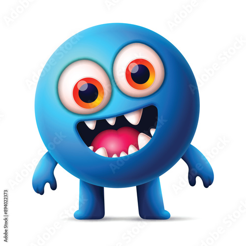 Blue Cartoon monster cute happy monsters halloween with big bulging eyes, smiling with teeth and fangs