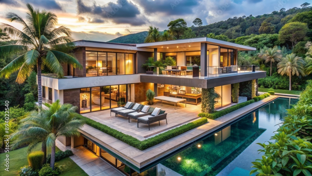 Fototapeta premium Luxurious modern villa boasts expansive open-plan living area, private bedroom wing, and sprawling terrace surrounded by lush greenery.