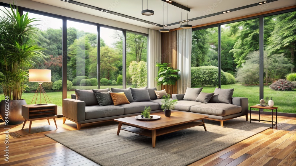 Spacious modern living room with sleek gray couch, wood coffee table, and floor-to-ceiling windows overlooking a lush green garden. Spacious modern living room with sleek gray couch, wood coffee table, and floor-to-ceiling windows overlooking a lush green garden.