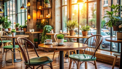 Cozy morning atmosphere in a trendy cafe setting with empty chair and table, awaiting the arrival of friends for gathering. © Curie