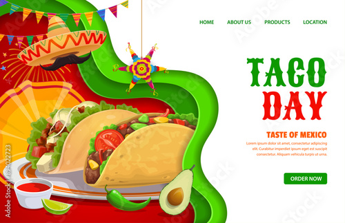 Tacos day landing page with Mexican cuisine food and snacks, vector template with background. Mexican cuisine restaurant, food delivery or catering service website landing page with menu buttons