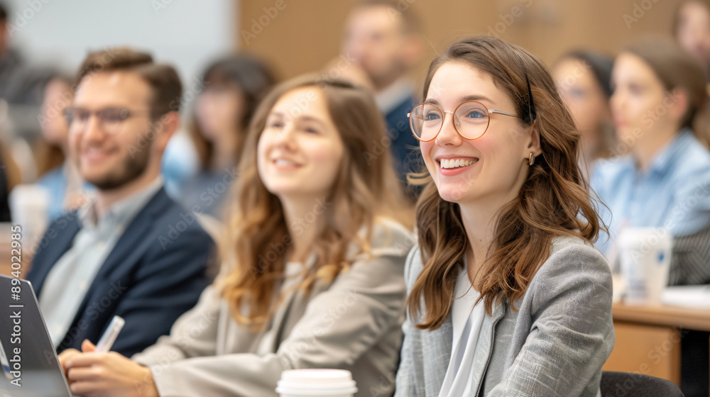 A woman with glasses is smiling at a group of people. The people are sitting in a classroom and the woman is wearing a gray jacket A woman with glasses is smiling at a group of people. The people are sitting in a classroom and the woman is wearing a gray jacket