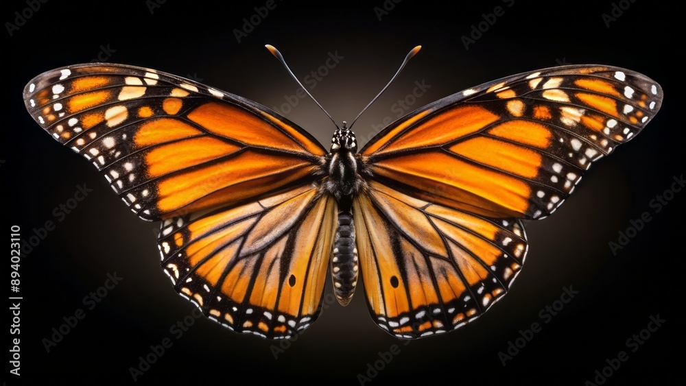 Delicate wings of a monarch butterfly in perfect focus against a stark black background, showcasing its intricate veins and patterns. Delicate wings of a monarch butterfly in perfect focus against a stark black background, showcasing its intricate veins and patterns.
