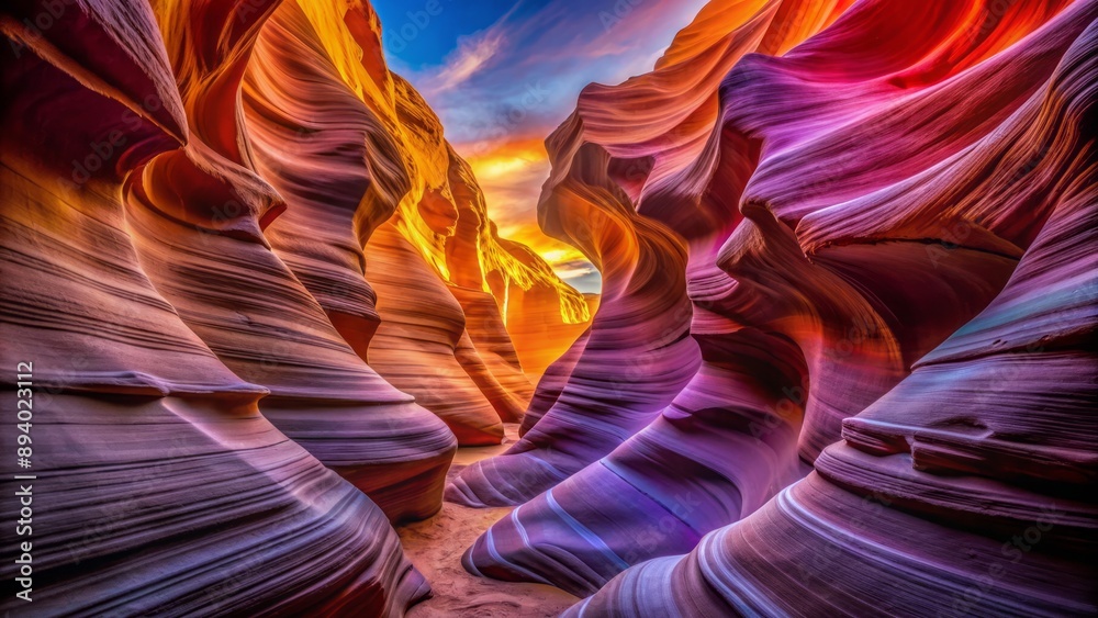 Obraz premium Vibrant orange and purple hues illuminate the undulating canyon walls, showcasing nature's majestic sculpture in the Arizona desert landscape.