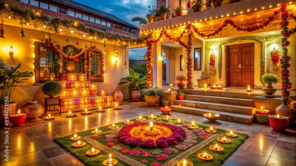 Vibrant Diwali decorations adorn a beautifully lit traditional Indian home, with no people, showcasing festive ambiance and joyful celebration essence. Vibrant Diwali decorations adorn a beautifully lit traditional Indian home, with no people, showcasing festive ambiance and joyful celebration essence.