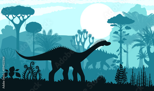 Prehistoric dinosaur silhouette in evening forest or Jurassic park, vector background. Cartoon dinosaur lizard Barapasaurus or Dicraeosaurus with Stegosaurus in jungle with sunset and trees silhouette