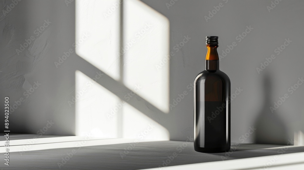 Black glass bottle casting shadow on white surface Black glass bottle casting shadow on white surface