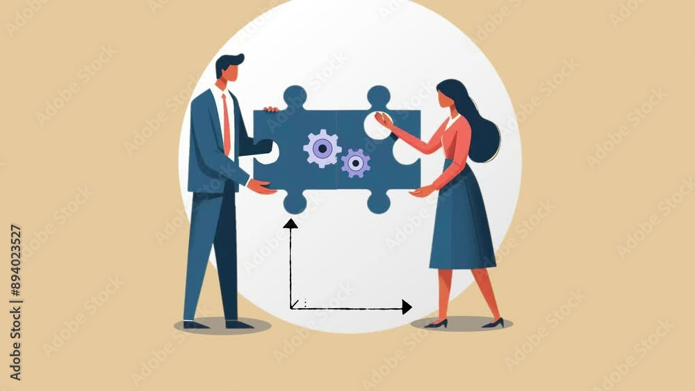 Animation depicting a man and a woman collaborating to solve a puzzle, symbolizing business partnership and growth. Animation depicting a man and a woman collaborating to solve a puzzle, symbolizing business partnership and growth.